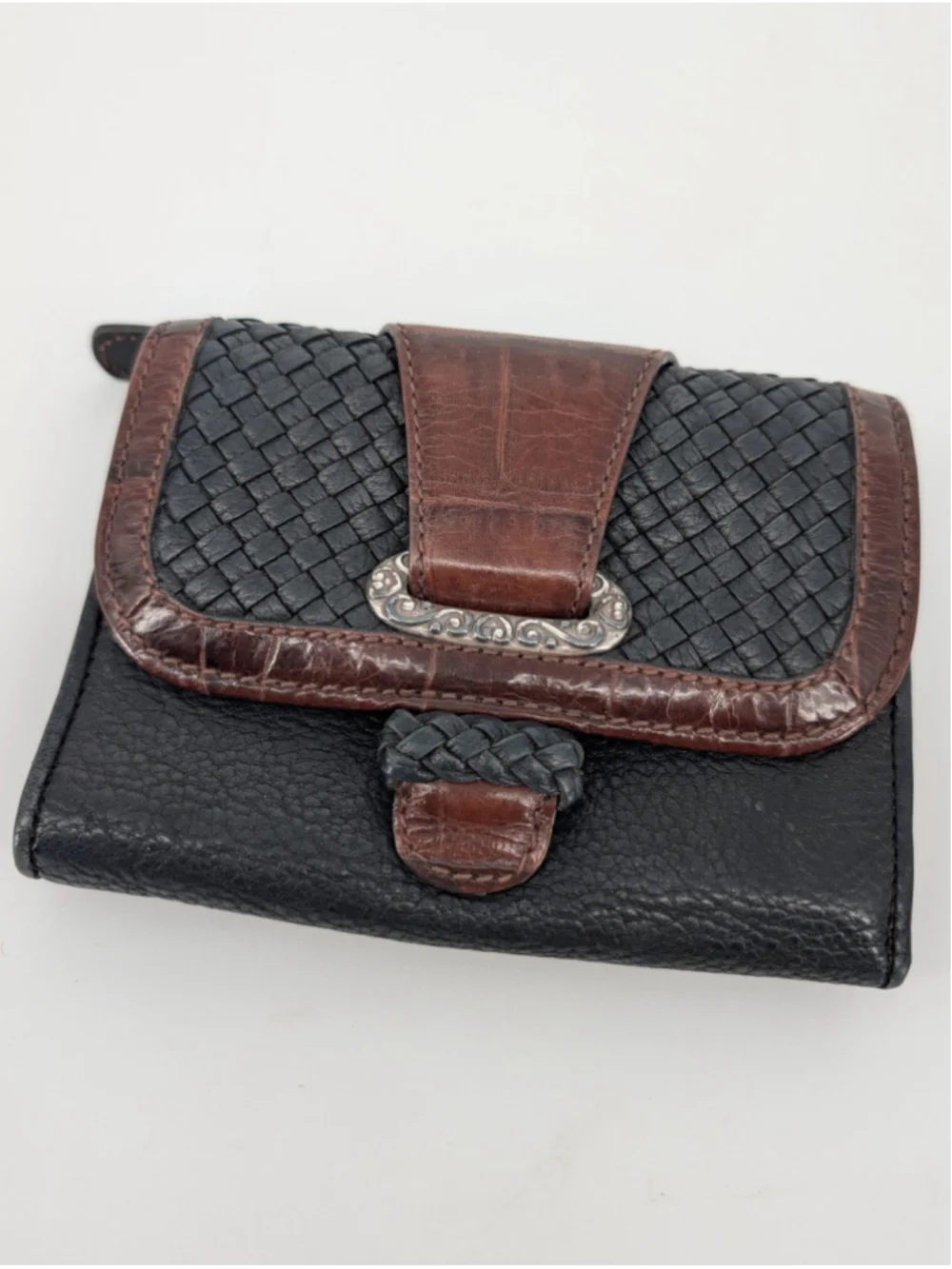Vintage Brighton Leather Wallet Black Brown Woven Croc Trifold Organizer Western
